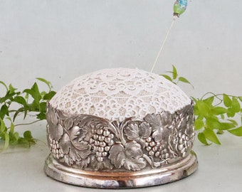 Vintage Silverplate Pin Cushion - Grain Sack and Lace - Sewing Room Tool - Repurposed Wine Coaster - Large Pincushion