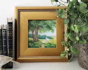 Original 6x6 Framed Oil Painting - Impressionist Meadow Landscape with Sheep