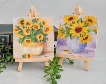 Original Sunflower Oil Painting – 4x4 Floral Canvas Art, Miniature Easel Included