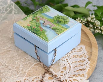 Handpainted Wooden Box: Impressionist Landscape Scene