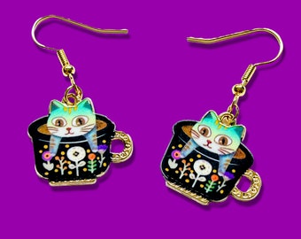 Cat in Tea Cup Earrings • Cute Cat Dangle Earrings • Cat Lovers Collection