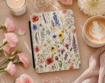 Custodia per Kindle con stampa acquerello di fiori selvatici / Cover vintage in similpelle con motivo floreale (compatibile con Paperwhite da 7")