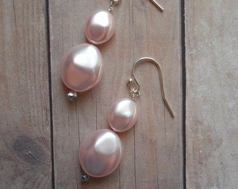 DANGLE EARRINGS: Pale Pink Glass Pearls, Swarovski Crystals, .925 Sterling Silver Ear Wires & Findings