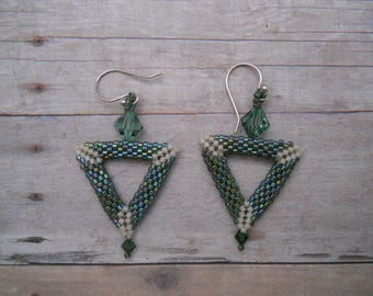 Earrings: Green & White Peyote Stitch Triangles + Swarovski Crystals, Sterling Silver Ear Hooks