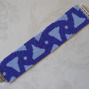 Cuff Bracelet, Geometric Design in Shades of Blue, Peyote Stitch
