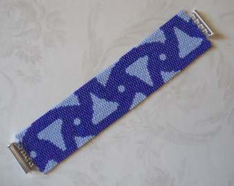 Cuff Bracelet, Geometric Design in Shades of Blue, Peyote Stitch