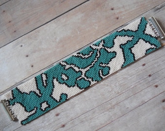 Bracelet: Stylized Floral Motif, Green & White, Peyote Stitch, Inspired by Iznik Tiles, Magnetic Tube Clasp