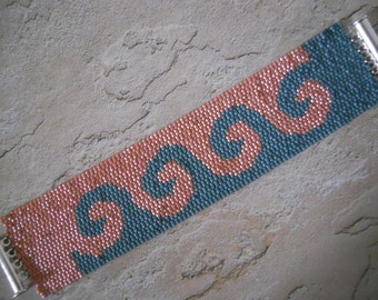 Peyote Stitch Cuff Bracelet: Turquoise & Salmon Waves