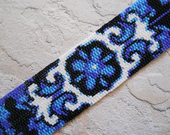 PATTERN: 2-Drop Even Count Peyote Bracelet, Portuguese Azulejo Design, Blue & White; Instant Download