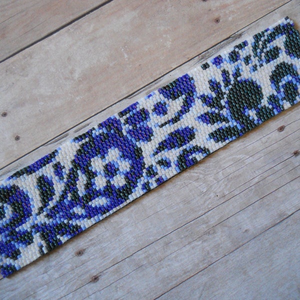 Cuff Bracelet, Blue & White Floral Paisley, Peyote Stitch, Magnetic Tube Clasp