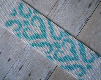 Beaded Cuff Bracelet, Stylized Hearts in Turquoise on White, Peyote Stitch