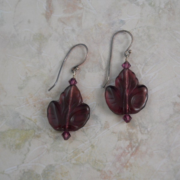 Purple Glass Leaf Earrings With Sterling Silver Ear Wires