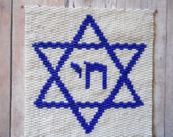 PATTERN: 2-Drop Even Count Peyote Stitch Mini-Tapestry, Jewish Star With Chai, Judaica