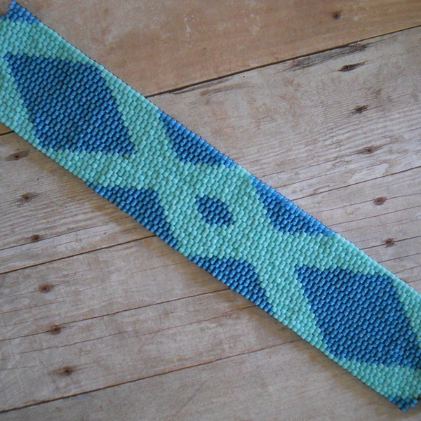 Cuff Bracelet: Capri Blue & Catalina Turquoise Peyote Stitch Geometric Design