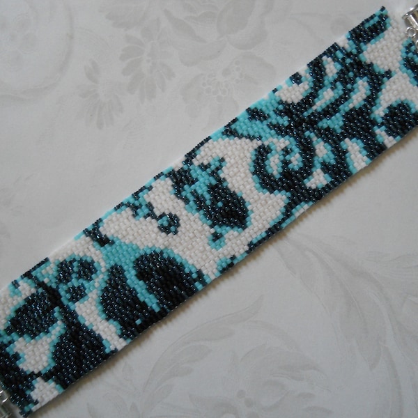 Bracelet: "Persian Tiles" Series, Shades of Blue, Peyote Stitch, Magnetic Tube Clasp