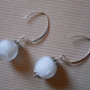 Earrings: Frosted White Murano Glass Balls, Large Sterling Silver Ear Hooks