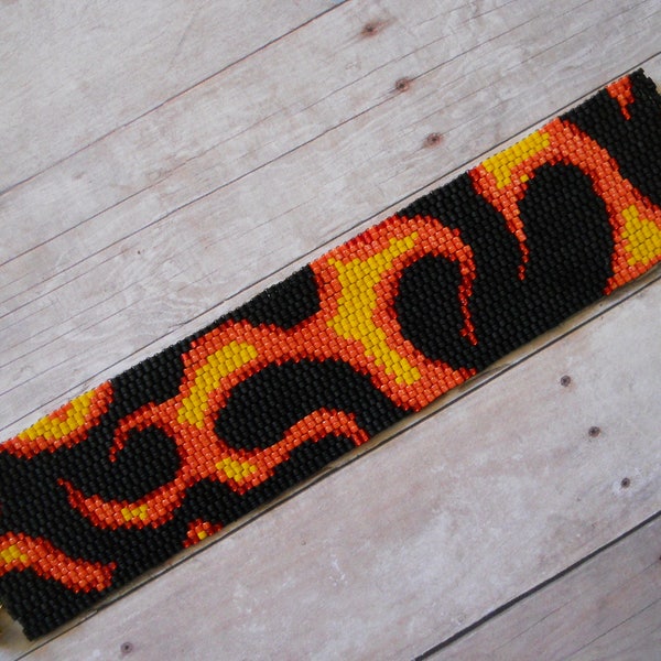 Bracelet: "Flames" Motif, Peyote Stitch, Magnetic Tube Slide Clasp