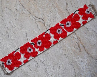 PATTERN: 2-Drop Even Count Peyote Stitch Bracelet, Marimekko Poppies, Narrower Version