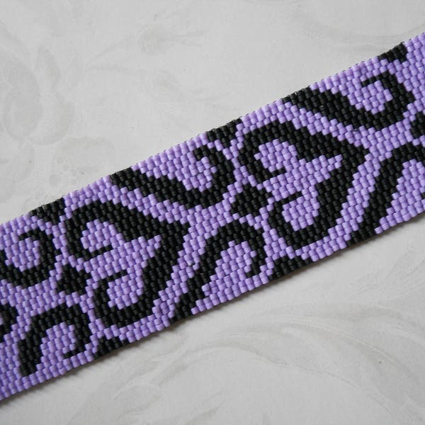 Cuff Bracelet, Purple & Black Stylized Hearts, Peyote Stitch, Magnetic Tube Clasp