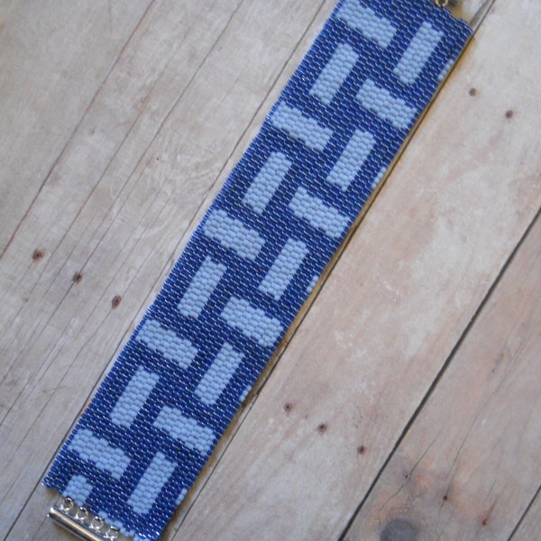 Cuff Bracelet: Crosshatch Design in Shades of Blue, Peyote Stitch, Magnetic Tube Clasp
