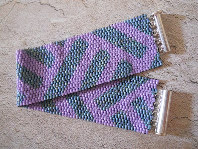 Beaded Cuff Bracelet, Teal & Lilac Peyote Stitch image 1