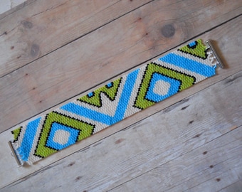 PATTERN: 2-Drop Even Count Peyote Stitch Bracelet, Retro Geometric, 4 Colors