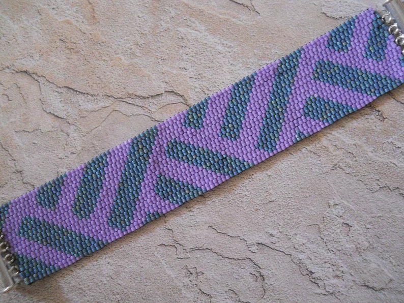 Beaded Cuff Bracelet, Teal & Lilac Peyote Stitch image 2