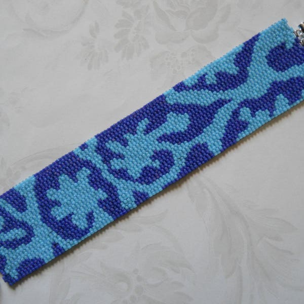 Cuff Bracelet, Turquoise & Blue Matisse-Inspired Floral, Peyote Stitch, Magnetic Tube Clasp