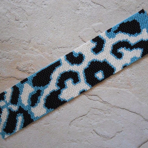 Cuff Bracelet: Persian Tiles Series, Turquoise / Black / White, Magnetic Tube Clasp, Peyote Stitch