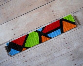 Padrão: pulseira de ponto peiote com contagem uniforme de 2 gotas, "bloco de cores", design abstrato, 5 cores