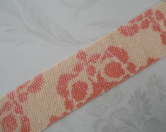 Bracelet: Shades of Peach Stylized Floral Motif, Peyote Stitch, Magnetic Tube Clasp