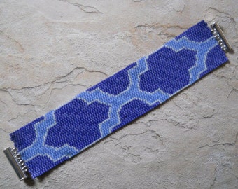 Cuff Bracelet, Blue Turkish Tiles, Peyote Stitch, Magnetic Tube Slide Clasp