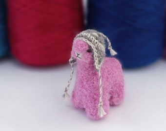 9 cm Needle Felted Alpaca Sculptures with gray  Chullo Felted Animals by Hand in Alpaca Fiber Pink