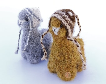 2 PACK 3.5 IN Needle Felted Alpaca Sculptures with chullo Felted Animals by Hand in Alpaca Fiber Mustard and Gray