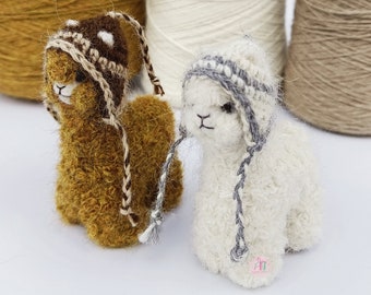2 PACK 3.5 IN Needle Felted Alpaca Sculptures with chullo Felted Animals by Hand in Alpaca Fiber White and Mustard