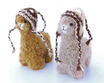 2 PACK 3.5 IN Needle Felted Alpaca Sculptures with chullo Felted Animals by Hand in Alpaca Fiber Mustard and Beige