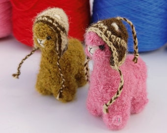 2 PACK 3.5 IN Needle Felted Alpaca Sculptures with chullo Felted Animals by Hand in Alpaca Fiber Mustard and Pink