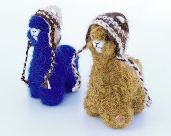 2 PACK 3.5 IN Needle Felted Alpaca Sculptures with chullo Felted Animals by Hand in Alpaca Fiber Blue and Mustard