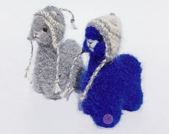 2 PACK 3.5 IN Needle Felted Alpaca Sculptures with chullo Felted Animals by Hand in Alpaca Fiber Gray and blue