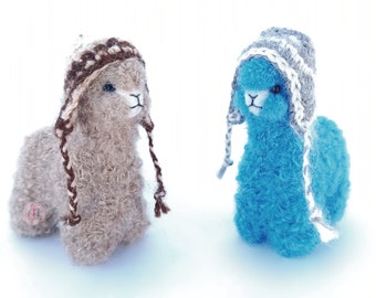 2 PACK 3.5 IN Needle Felted Alpaca Sculptures with chullo Felted Animals by Hand in Alpaca Fiber Turquoise and Beige