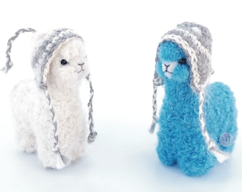 2 PACK 3.5 IN Needle Felted Alpaca Sculptures with chullo Felted Animals by Hand in Alpaca Fiber white and turquoise