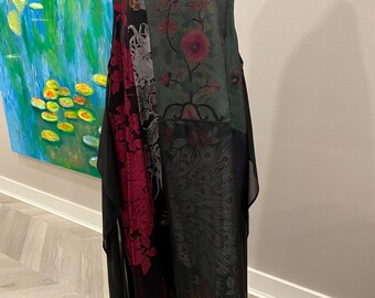 Asymmetrical Boho Art Dress – Vintage Chinese Textile Panels with Birds, Peonies & Sheer Layering