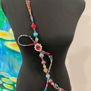 Boho Glam Statement Beaded Lanyard – Red, Turquoise & Gold with Vintage Medallion Detail – Handmade Crossbody Phone Strap or Badge Holder
