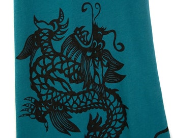 Dragon extra long jade scarf. Chinese cut paper lantern motif. Silkscreen print, black on teal green pima cotton. Long scarf, no fringe
