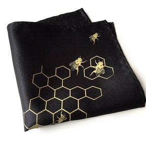 Bee pocket square, Bee Hive pocket square. Honey Bees, bee gifts, honeycomb men's hanky. Beekeeping, apiary gift, bee theme wedding image 1