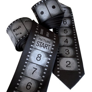 Movie Film tie, Filmmaker gift. Academy Film Leader necktie. Director, producer, film student, actor gift. Black tie. Film noir, film school black