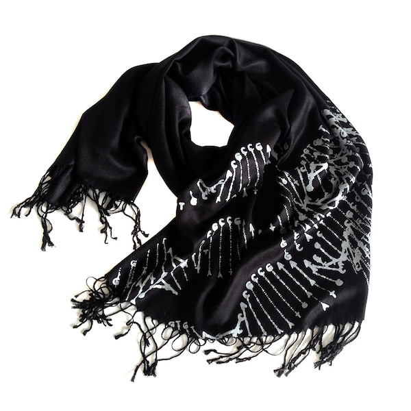 DNA scarf. DNA double helix silkscreened soft pashmina. Science teacher, genetics, medical student gift, cryptozoology fan.