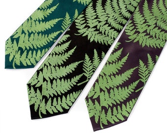 Fern Tie. Fern leaves necktie. Botanical print men's tie. Dark chartreuse leaf print, Vegan ties. Wedding ties for men, mens ties in green