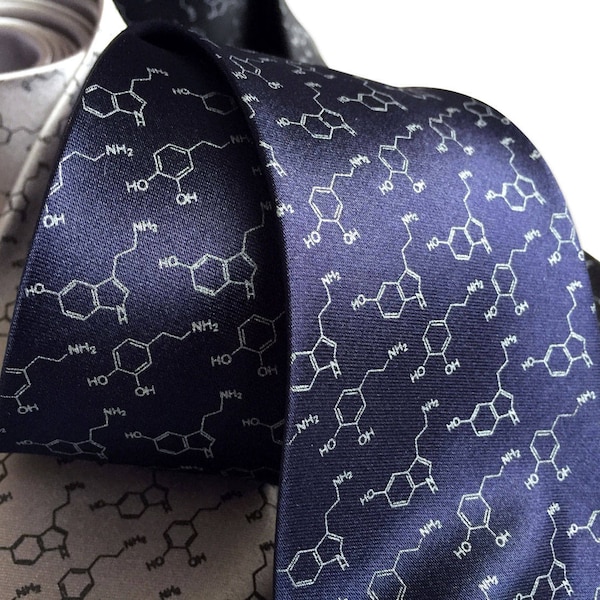Serotonin & Dopamine Necktie, Molecule print tie. Happiness Molecules Men's Silk Tie. Gift for science teacher, psychologist, chemist gift.