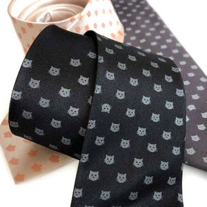 Cat Print Tie, cat dad gift. Polka dot silk tie. Cat lover gift men, Kitten Face tie, pet groomer, gift for vet, veterinarian, cat rescue image 1